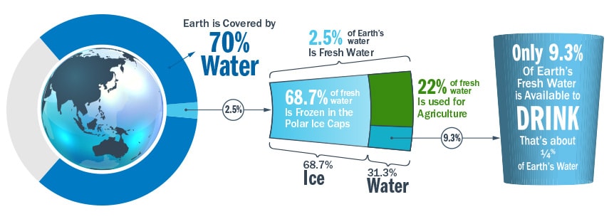 9.3% of Earth's fresh water is available to drink.