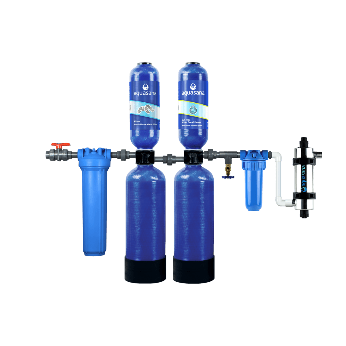 Rhino® Whole House Water UV Filter System With Salt-Free Water Conditioner Reduces 97% of Chlorine Home Water Filtration 1 Million Gallon Aquasana